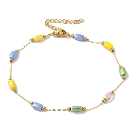 304 bracelet de cheville en acier inoxydable, perles de verre rectangle coloré pour femme