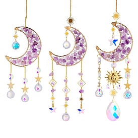 Glass & Amethyst Nuggets Moon Pendant Decorations, Hanging Suncatchers, with Brass Findings, for Home Decoration