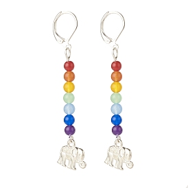 Natural Malaysia Jade with Alloy Elephant Long Dangle Leverback Earrings, 7 Chakra Gemstone Jewelry for Women