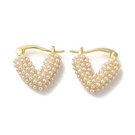 Brass Hoop Earrings for Women, with ABS Plastic Imitation Pearl Beads, Heart