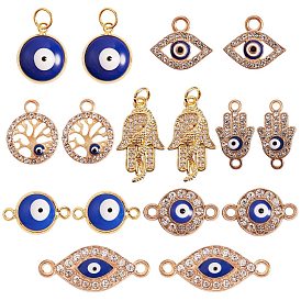 8Pcs 4 Style Brass & Alloy Links connectors, with 8Pcs 4 Style Alloy & Brass Enamel Pendants, Long-Lasting Plated, Flat Round & Evil Eye & Hand