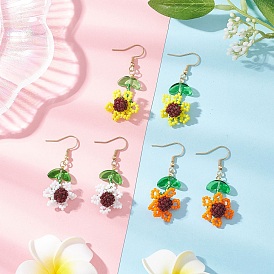 3 Pairs 3 Colors Sunflower Glass Seed Bead with 304 Stainless Steel Dangle Earrings, Golden