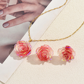 Комплект для женщин: подвеска в виде розы из переливающейся смолы и серьги-гвоздики., железный набор украшений