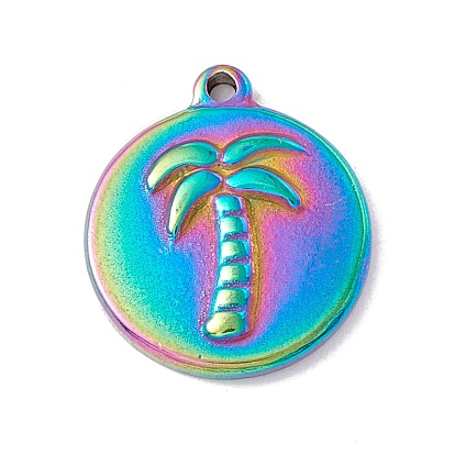 Ion Plating(IP) 304 Stainless Steel Pendants, Flat Round with Coconut Tree