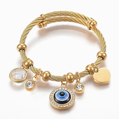 Ajustable 304 brazaletes de acero inoxidable encanto, con resina, vidrio y diamantes de imitación, ojo, corazón, plano y redondo