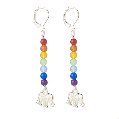 Natural Malaysia Jade with Alloy Elephant Long Dangle Leverback Earrings, 7 Chakra Gemstone Jewelry for Women