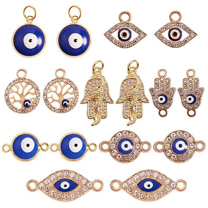 8Pcs 4 Style Brass & Alloy Links connectors, with 8Pcs 4 Style Alloy & Brass Enamel Pendants, Long-Lasting Plated, Flat Round & Evil Eye & Hand