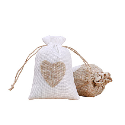 Linenette Drawstring Bags, Rectangle with Heart Pattern