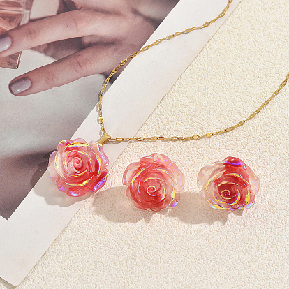 Комплект для женщин: подвеска в виде розы из переливающейся смолы и серьги-гвоздики., железный набор украшений