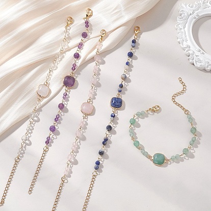 Браслеты-цепочки с натуральными драгоценными камнями для женщин, круглый и квадратный, с 304 из нержавеющей стали Lobster Claw застежками