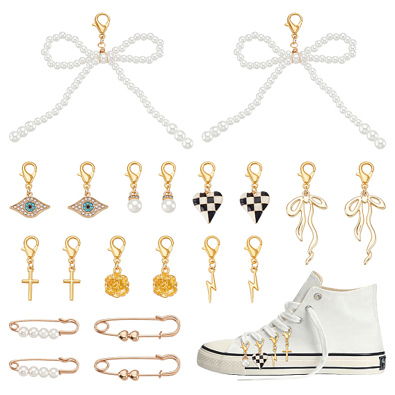 20 шт. 10 стильные подвески и броши в виде обуви из сплава, с бусиной из искусственного жемчуга из смолы и застежками-карабинами из сплава, золотые