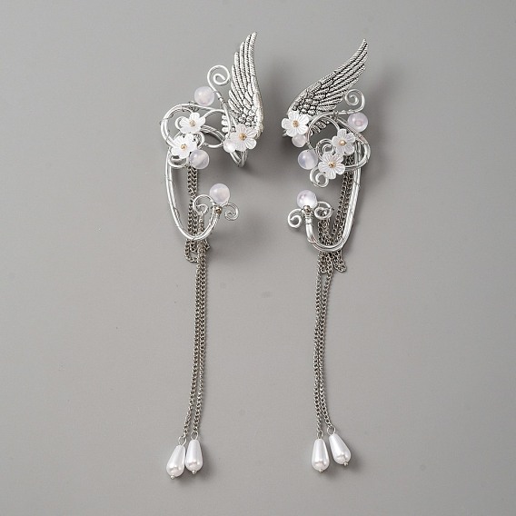 Aluminum Wing and Flower Cuff Earrings with Plastic Pearl Tassel, Alloy Wire Wrap Elf Ear Cuffs for Elven Cosplay Wedding Party