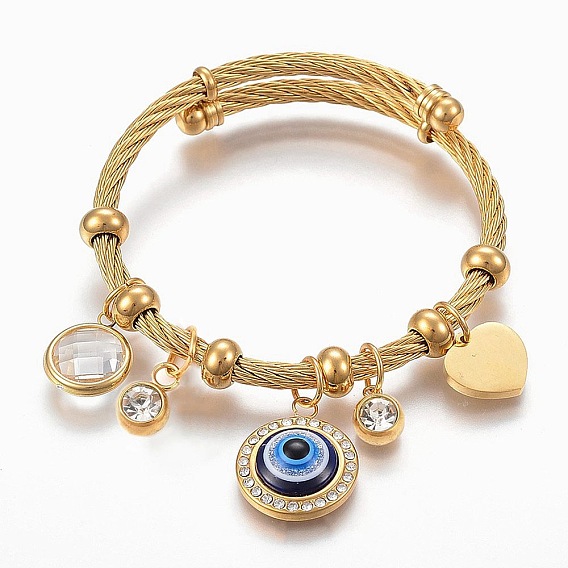 Adjustable 304 Stainless Steel Charm Bangles, with Resin, Glass and Rhinestone, Eye, Heart, Flat Round