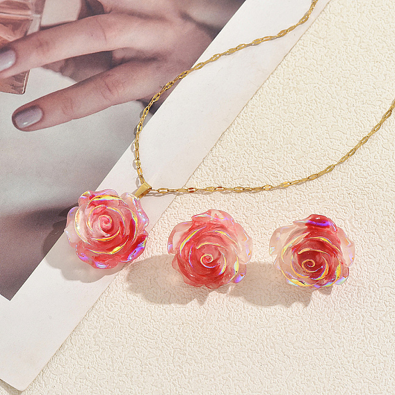 Комплект для женщин: подвеска в виде розы из переливающейся смолы и серьги-гвоздики., железный набор украшений