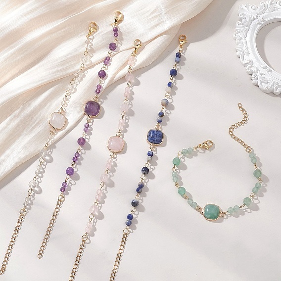 Браслеты-цепочки с натуральными драгоценными камнями для женщин, круглый и квадратный, с 304 из нержавеющей стали Lobster Claw застежками