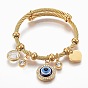 Adjustable 304 Stainless Steel Charm Bangles, with Resin, Glass and Rhinestone, Eye, Heart, Flat Round
