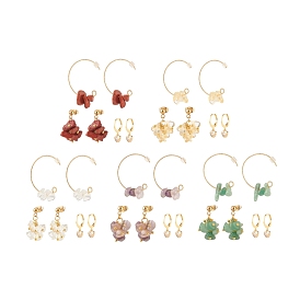 3 Pairs 3 Style Natural Gemstone Chips Beaded Cluster Dangle Stud & Leverback Earrings, Brass Half Hoop Earrings for Women, Golden