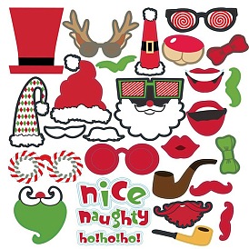 Kit de accesorios de cabina de fotos de papel de tema navideño, anteojos y labios y sombrero y accesorios de fotos de santa claus para decoración de fotografía de fiesta