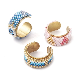 Glass Seed Beads Cuff Rings, 304 Stainless Steel Wide Band Open Rings for Women