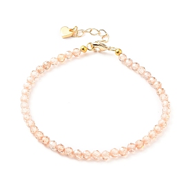 Cubic Zirconia Beaded Bracelets, with Golden Plated 304 Stainless Steel Heart Charms & Lobster Claw Clasps