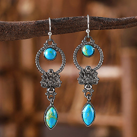 Серьги с подвесками из синтетического бирюзового сплава, кольцо с конским глазом, античное серебро