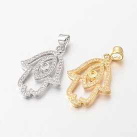 Brass Micro Pave Cubic Zirconia Pendants, Hamsa Hand/Hand of Fatima/Hand of Miriam, Lead Free & Nickel Free, 24x17x2mm, Hole: 4x3mm