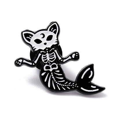 Alloy Enamel Brooches, Enamel Pin, with Clutches, Cat Mermaid, Electrophoresis Black