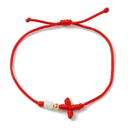 Браслеты из плетеных бусин, покрытых латунью методом гальванического покрытия и натуральным культивированным пресноводным жемчугом., нейлоновые регулируемые браслеты для девочек, крестик