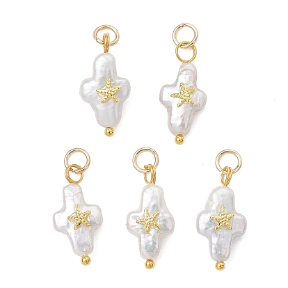 Подвески из натурального барочного жемчуга кеши, Подвески в виде креста с фрагментом морской звезды из сплава, белые