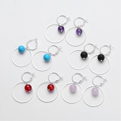 Gemstone Dangle Earrings, Hoop Earrings, Silver Color Plated
