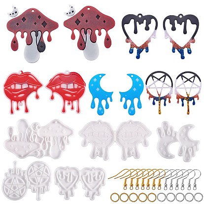 5 pcs halloween thème bricolage pendentif moules en silicone, moules de résine, avec des crochets de boucle d'oreille en fer et des anneaux de saut en pièces, pour création de la boucle d'oreille , lèvres & coeur & champignon & plat rond