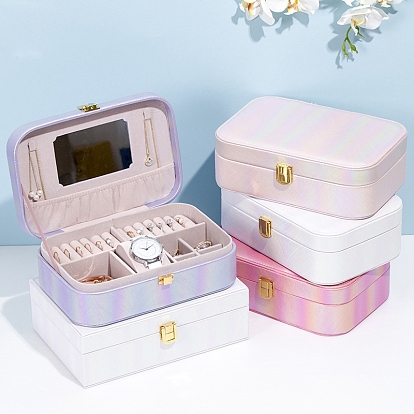 Cajas rectangulares de almacenamiento de joyas de cuero de imitación de pu con espejo en el interior, para collares pulseras pendientes anillos