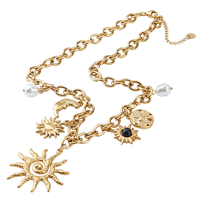 1Pc 304 Stainless Steel Resin & Plastic Pearl Sun Pendant Bib Necklaces, White