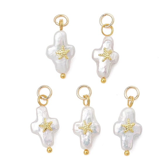Подвески из натурального барочного жемчуга кеши, Подвески в виде креста с фрагментом морской звезды из сплава, белые