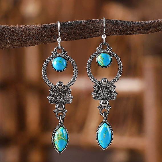 Серьги с подвесками из синтетического бирюзового сплава, кольцо с конским глазом, античное серебро