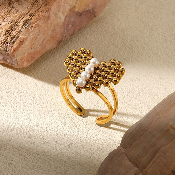 304 Женское кольцо-манжета с открытым жемчугом и пластиковым покрытием из нержавеющей стали, сердце