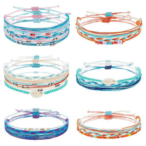 6 наборы 6 стильные браслеты из натуральных ракушек с плетением из бусин набор, регулируемые браслеты из бисера для женщин