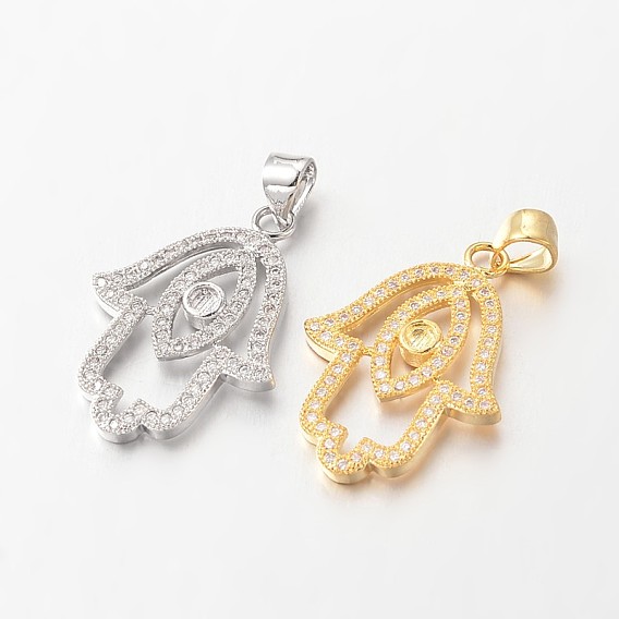 Латунные микро проложить кубического циркония подвески, hamsa рука / рука fatima / рука miriam, без свинца и без никеля , 24x17x2 мм, отверстие : 4x3 мм