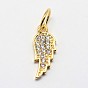 CZ Brass Micro Pave Cubic Zirconia Wing Charms, 15x6x2mm, Jump Ring: 5x0.8mm