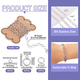 DIY Chain Necklace/Bracelets Kits, including 1M 304 Stainless Steel Ring Link Chains, 5 Sets Toggle Clasps, 10Pcs Jump Rings