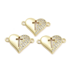 Rack Plating Brass Micro Pave Cubic Zirconia Heart with Hollow Cross Links onnector Charms, Long-Lasting Plated, Lead Free & Cadmium Free