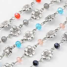 Chaînes de perles rondelles en verre fait main pour colliers fabrication de bracelets, avec mailles en alliage de style tibétain et épingle à oeil en fer, non soudée, 39.3 pouce