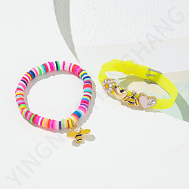 Bohemian Handmade Colorful Clay Elastic Bracelet with Yellow Silicone Bee and Flower Decoration