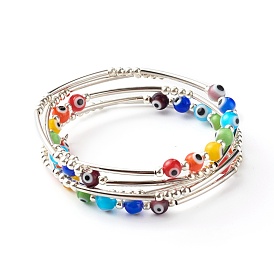 5-Loop Steel Memory Wires Wrap Bracelet, with Handmade Evil Eye Lampwork & Iron Beads, Brass Tube Beads