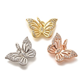 Rack Plating Brass Micro Pave Cubic Zirconia Pendant, Long-Lasting Plated, Lead Free & Cadmium Free, Butterfly Charms, with Jump Ring