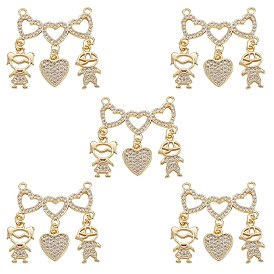 5Pcs Valentine's Day Theme Brass Micro Pave Clear Cubic Zirconia Pendants, Nickel Free, Heart with Couple