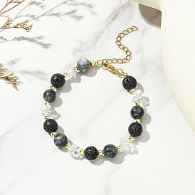 Браслеты из натуральной лавовой породы, ларвикита и кварцевых кристаллов, украшенные бусинами, для женщин., круглые, немагнитная синтетический гематит