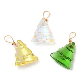 Glass Pendants, with Light Gold Brass Loops, Christmas Tree Charms