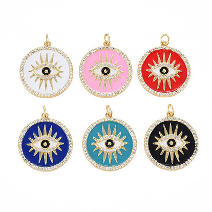 Pendentifs en laiton zircon cubique transparent, avec anneaux de saut et émail, sans nickel, rond et plat avec des mauvais œil, réel 16 k plaqué or