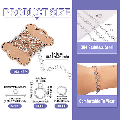 DIY Chain Necklace/Bracelets Kits, including 1M 304 Stainless Steel Ring Link Chains, 5 Sets Toggle Clasps, 10Pcs Jump Rings